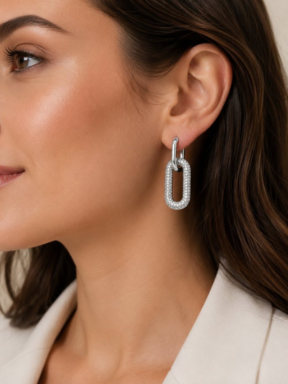 Silver Pavé Link Drop Earrings Crystal Statement Earrings